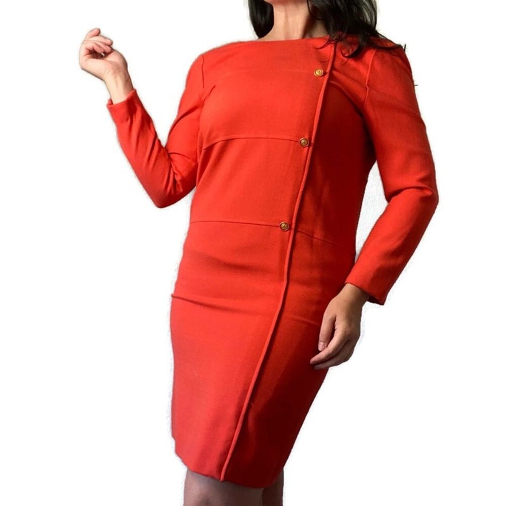 Evan Picone Bright Orange Wool Military Sheath Wiggle Dress Size 4